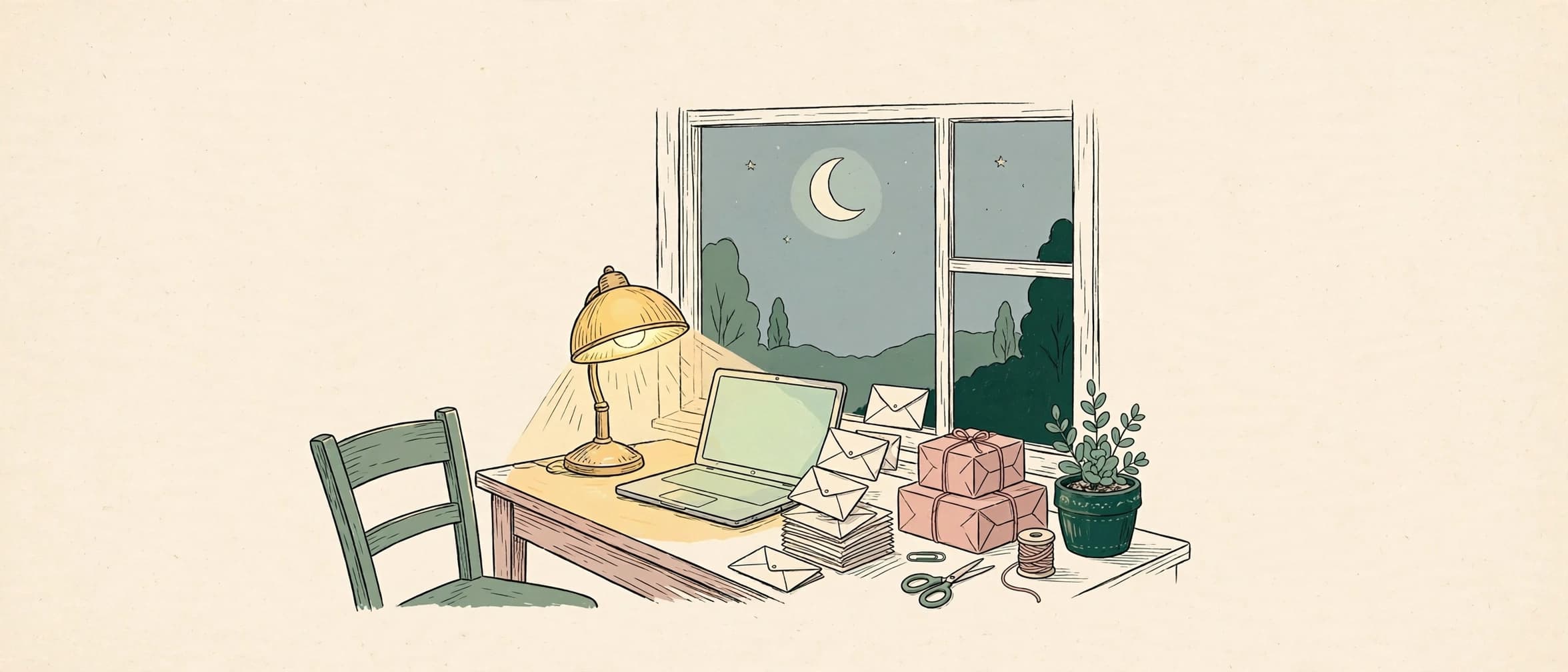 Ink illustration of a quiet desk by a window — a lit lamp, an open laptop, wrapped parcels, and a stack of answered letters.