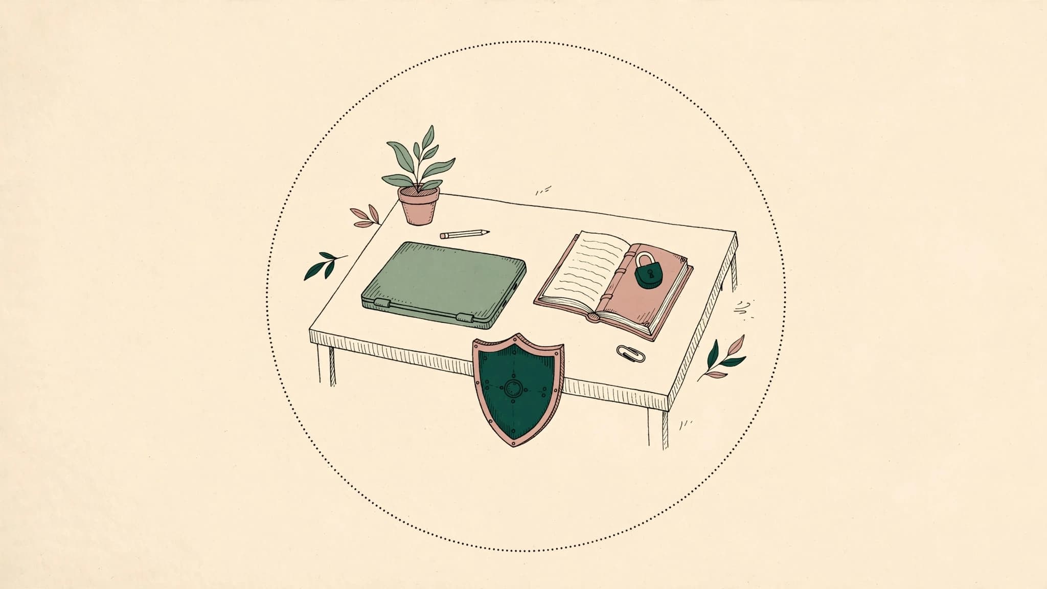 Ink illustration of a locked notebook, a closed laptop, and a shield on a desk — the business watched and guarded.